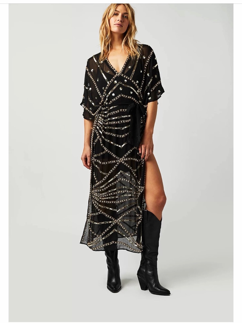 Free People Black Sheer Beaded Wrap Maxi Dress with Gold Accents